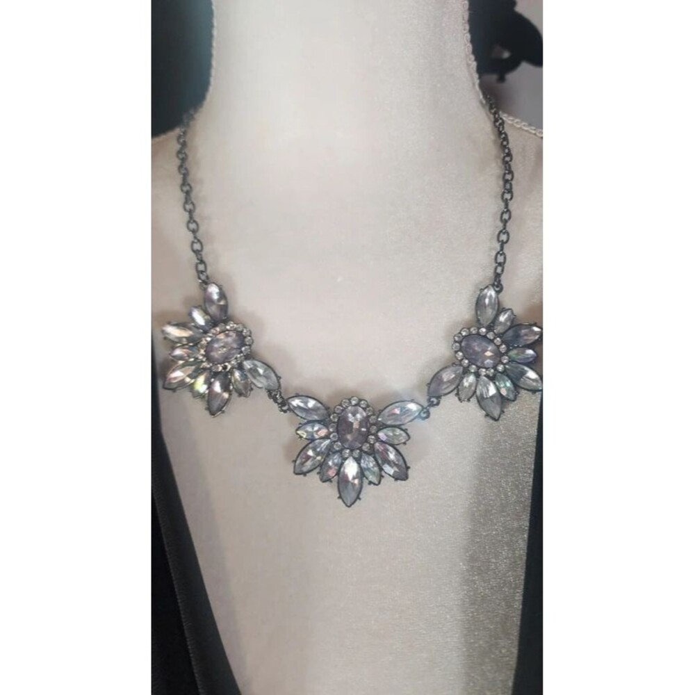 Iridescent Crystal Gunmetal Floral Statement Bib Necklace.